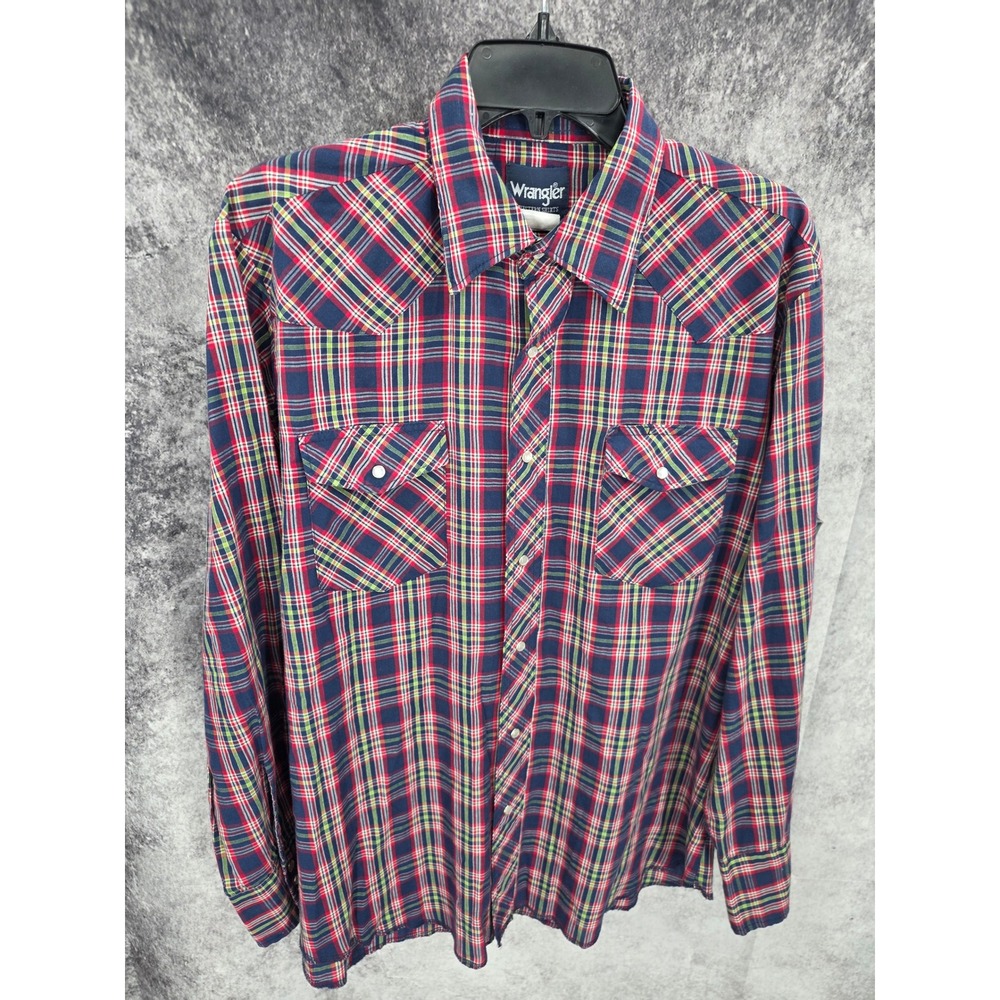 Vintage Wrangler Western Shirt Mens XL Plaid Pearl Snap Cowboy Rodeo Rancher